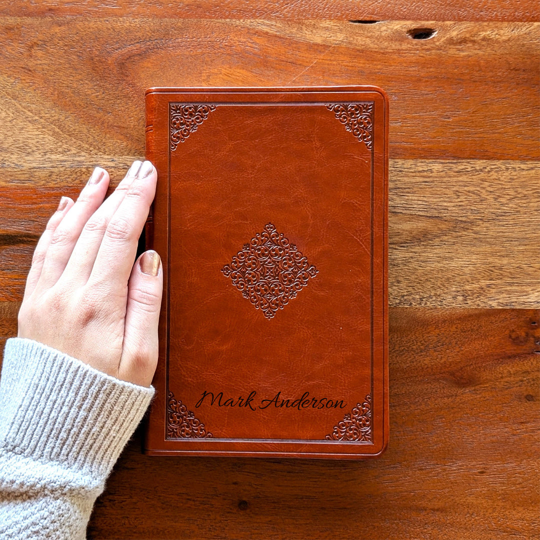 Personalized ESV Large Print Value Thinline Bible - Tan, Ornament | Engraved Name