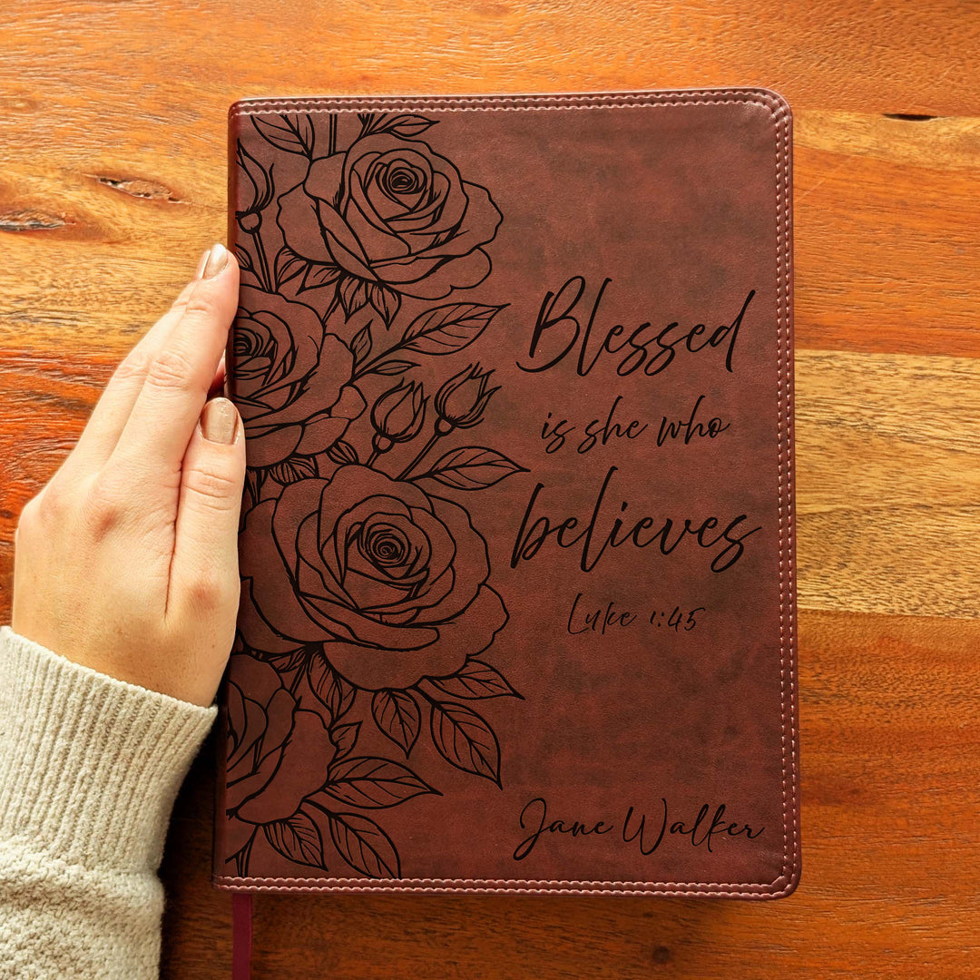 Personalized ESV Super Giant Print Bible – Burgundy | Rose Blessed is She