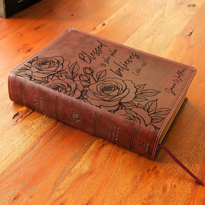 Personalized ESV Super Giant Print Bible – Burgundy | Rose Blessed is She