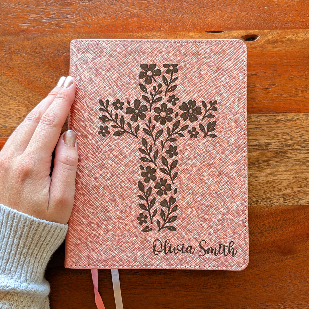 Personalized NIV Beautiful Word Bible – Pink | Simple Flower Cross