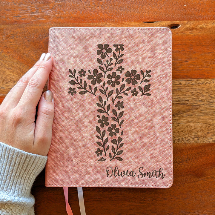Personalized NIV Beautiful Word Bible – Pink | Simple Flower Cross