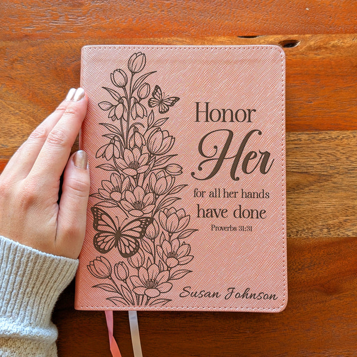 Personalized NIV Beautiful Word Bible – Pink | Tulips Butterfly Honor Her
