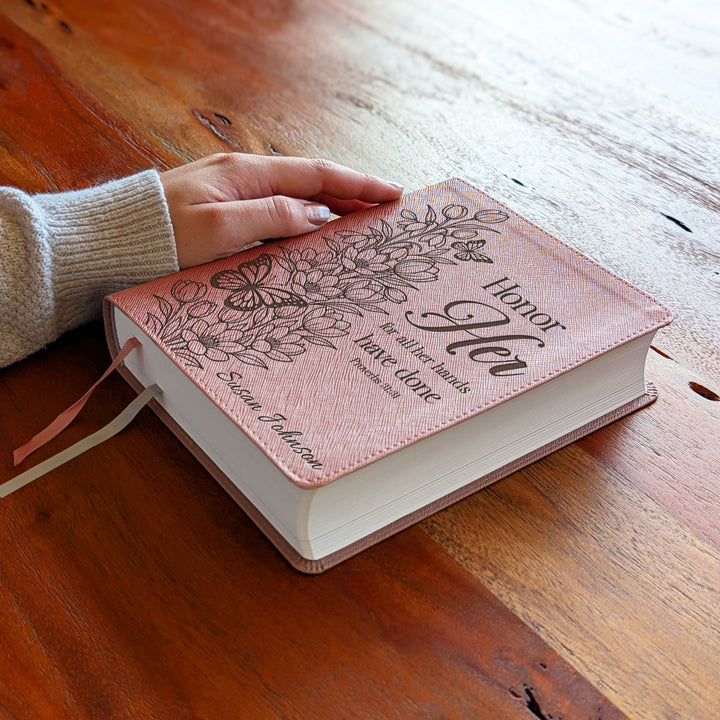 Personalized NIV Beautiful Word Bible – Pink | Tulips Butterfly Honor Her