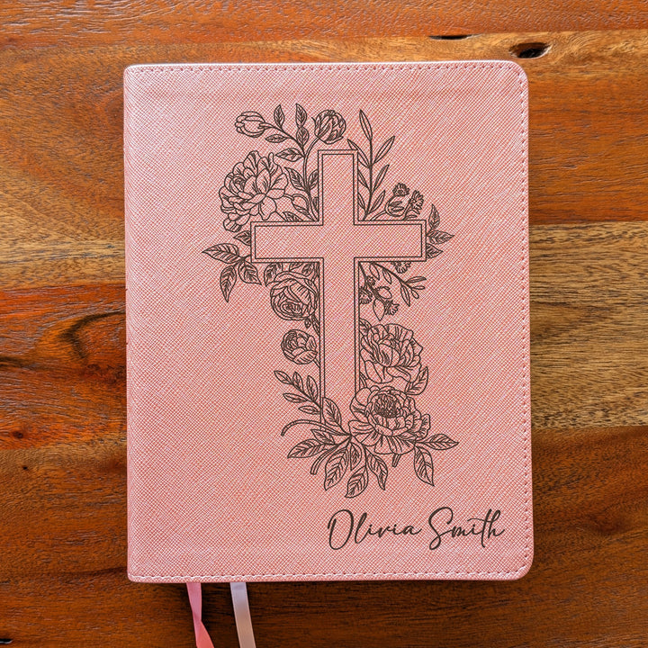 Personalized NIV Beautiful Word Bible – Pink | Floral Cross