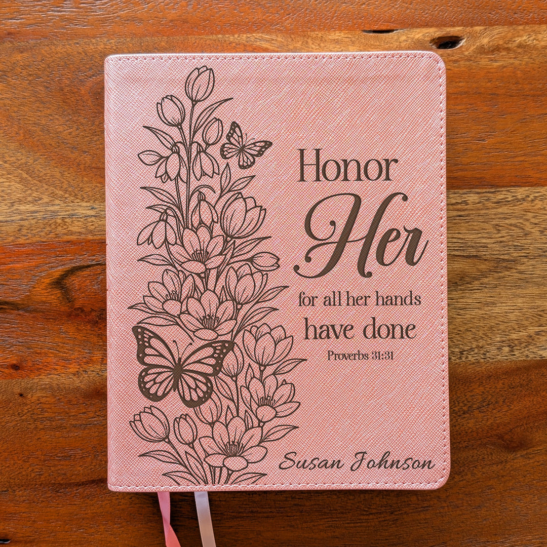 Personalized NIV Beautiful Word Bible – Pink | Tulips Butterfly Honor Her