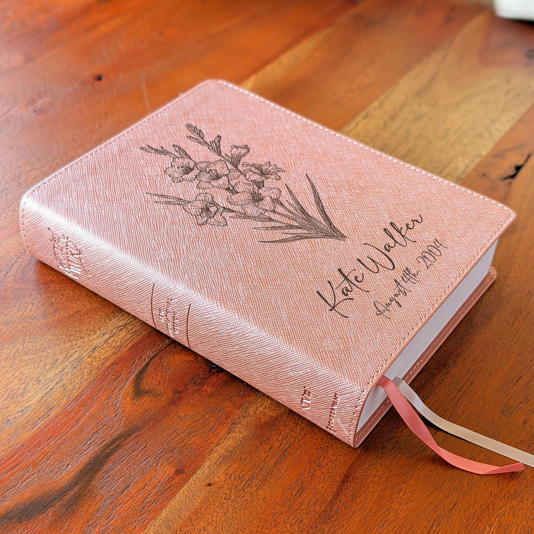Personalized NIV Beautiful Word Bible – Pink | August Birth Flower