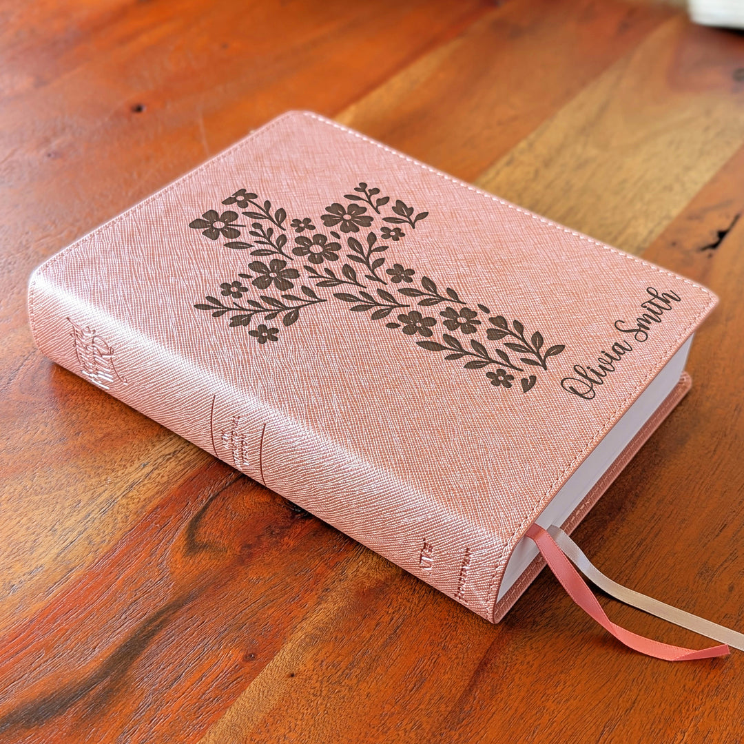 Personalized NIV Beautiful Word Bible – Pink | Simple Flower Cross