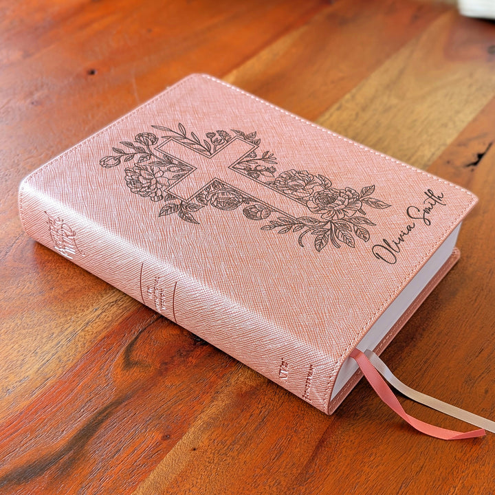 Personalized NIV Beautiful Word Bible – Pink | Floral Cross
