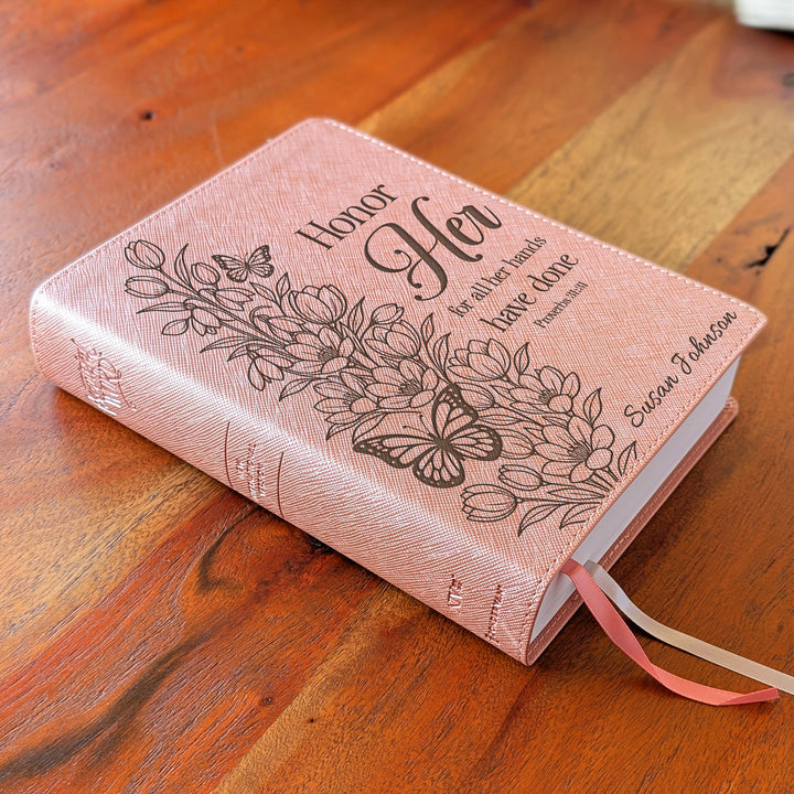 Personalized NIV Beautiful Word Bible – Pink | Tulips Butterfly Honor Her