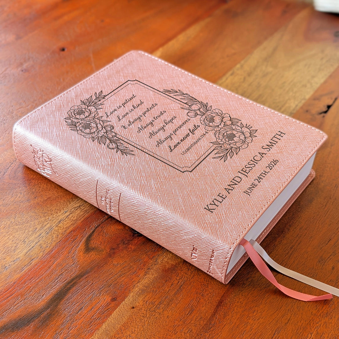 Personalized NIV Beautiful Word Bible – Pink | Floral Love is Patient