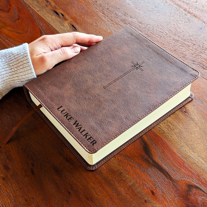 Personalized NIV Journal the Word Bible – Brown, Cross Center | Engraved Name