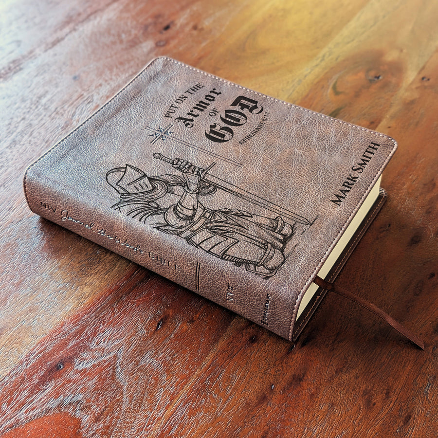Personalized NIV Journal the Word Bible – Brown, Cross Center | Knight Ephesians.