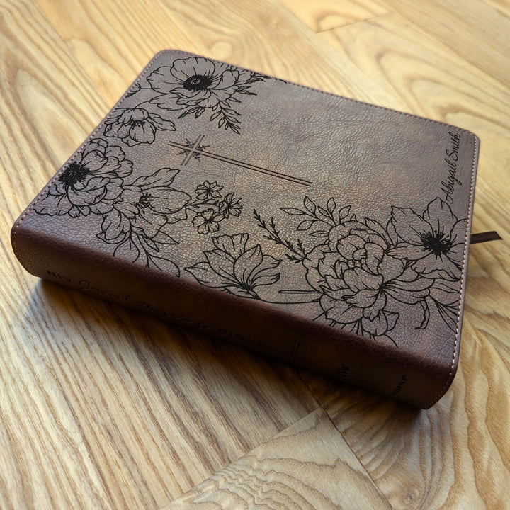Personalized NIV Journal the Word Bible – Brown Cross | Peony