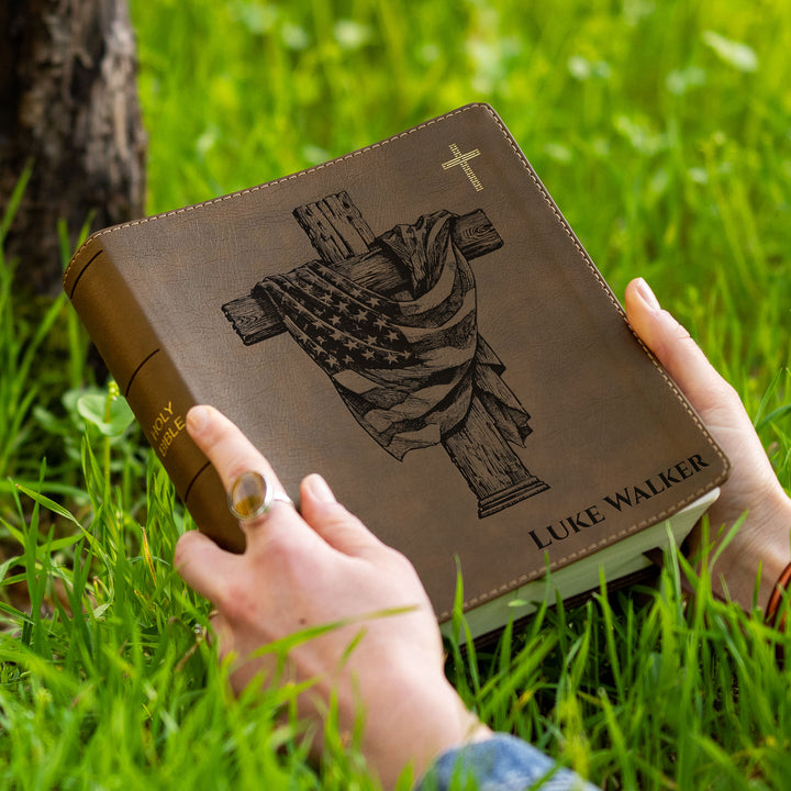 Personalized NIV Journal the Word Bible – Double Column Brown | American Flag Wood Cross