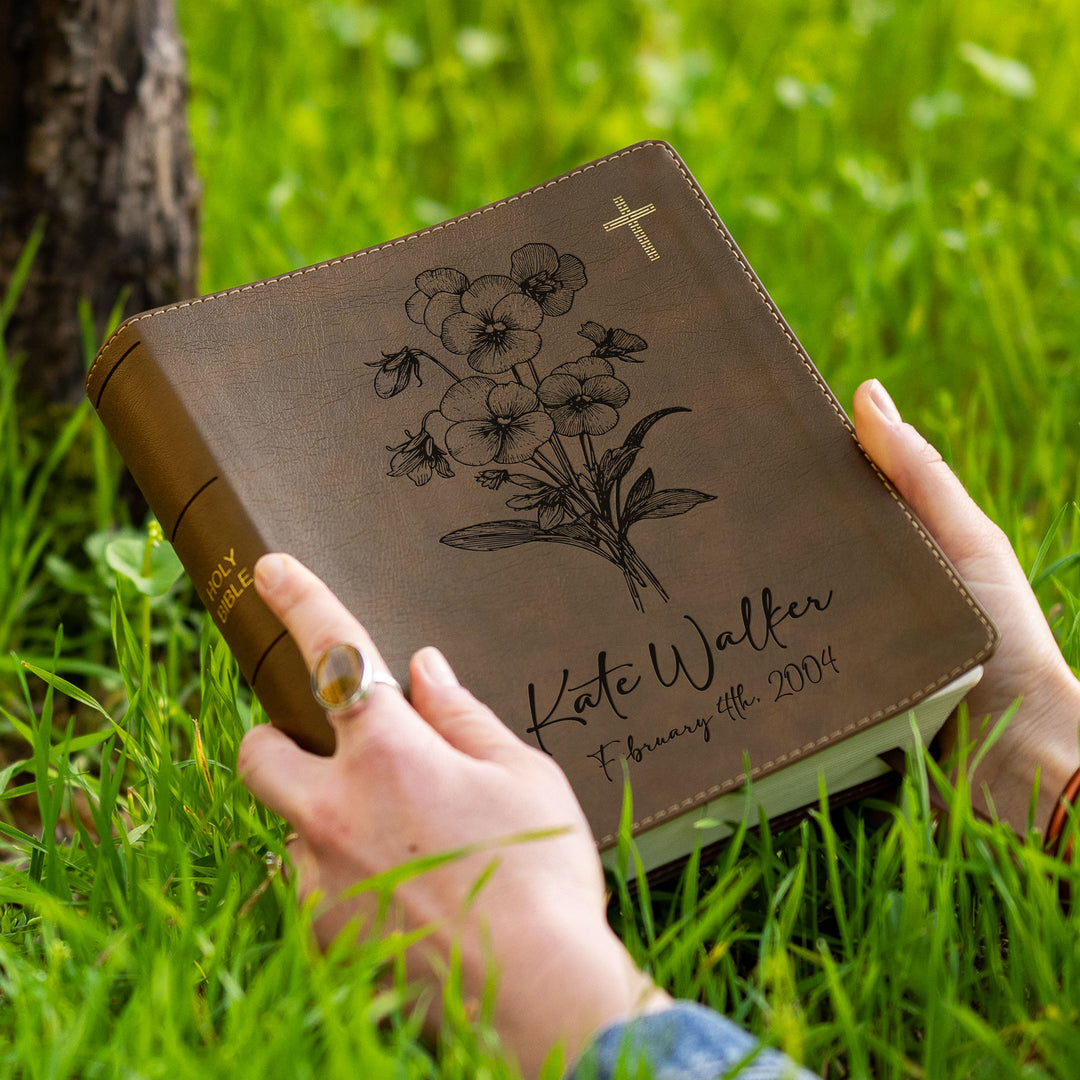 Personalized NIV Journal the Word Bible – Double Column Brown | February Birth Flower