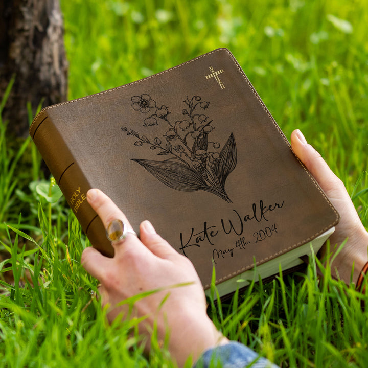Personalized NIV Journal the Word Bible – Double Column Brown | May Birth Flower