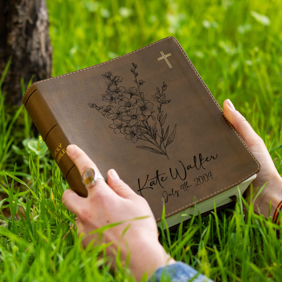 Personalized NIV Journal the Word Bible – Double Column Brown | July Birth Flower