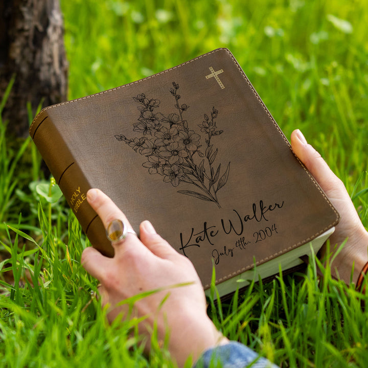 Personalized NIV Journal the Word Bible – Double Column Brown | July Birth Flower
