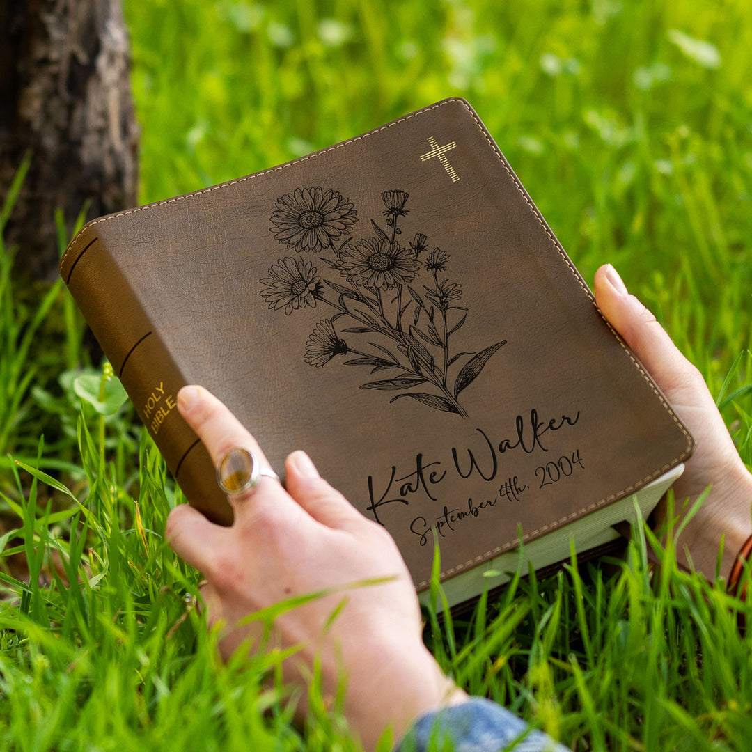 Personalized NIV Journal the Word Bible – Double Column Brown | September Birth Flower