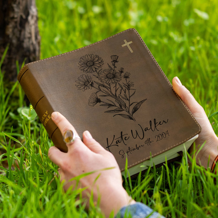 Personalized NIV Journal the Word Bible – Double Column Brown | September Birth Flower