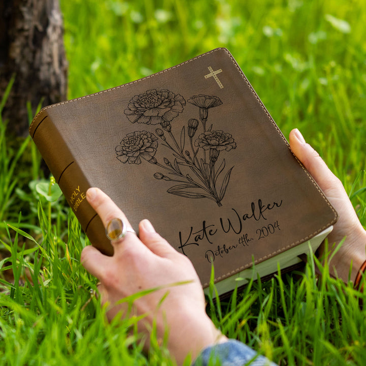 Personalized NIV Journal the Word Bible – Double Column Brown | October Birth Flower