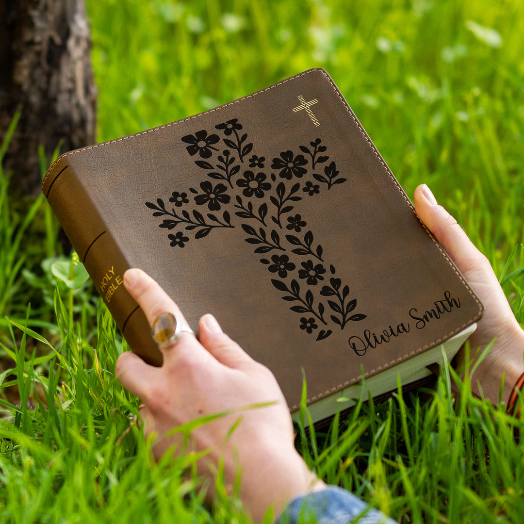 Personalized NIV Journal the Word Bible – Double Column Brown | Simple Flower Cross