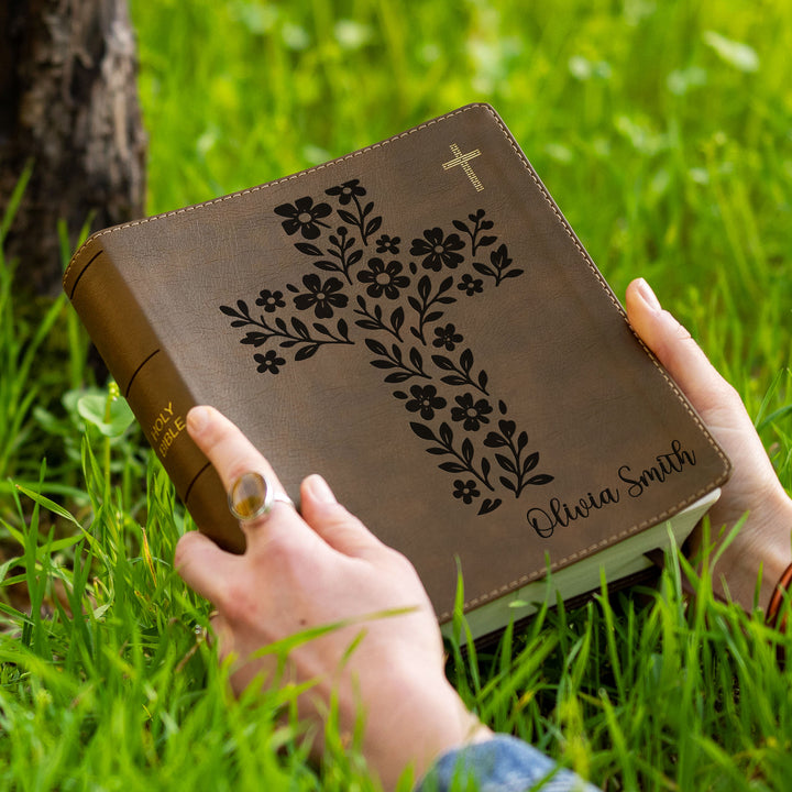 Personalized NIV Journal the Word Bible – Double Column Brown | Simple Flower Cross