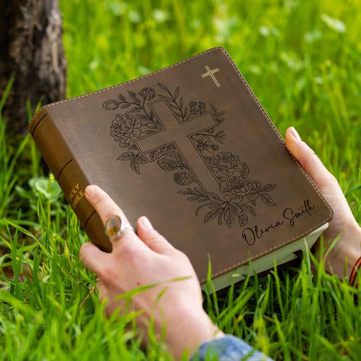 Personalized NIV Journal the Word Bible – Double Column Brown | Floral Cross