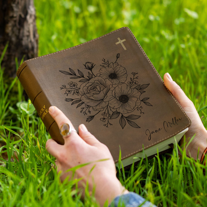 Personalized NIV Journal the Word Bible – Double Column Brown | Rose Poppy Flower Bunch