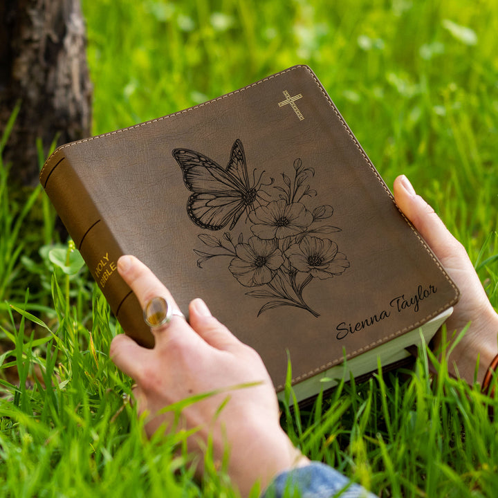 Personalized NIV Journal the Word Bible – Double Column Brown | Butterfly Flowers