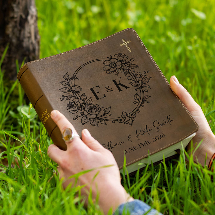 Personalized NIV Journal the Word Bible – Double Column Brown | Initials Floral Frame