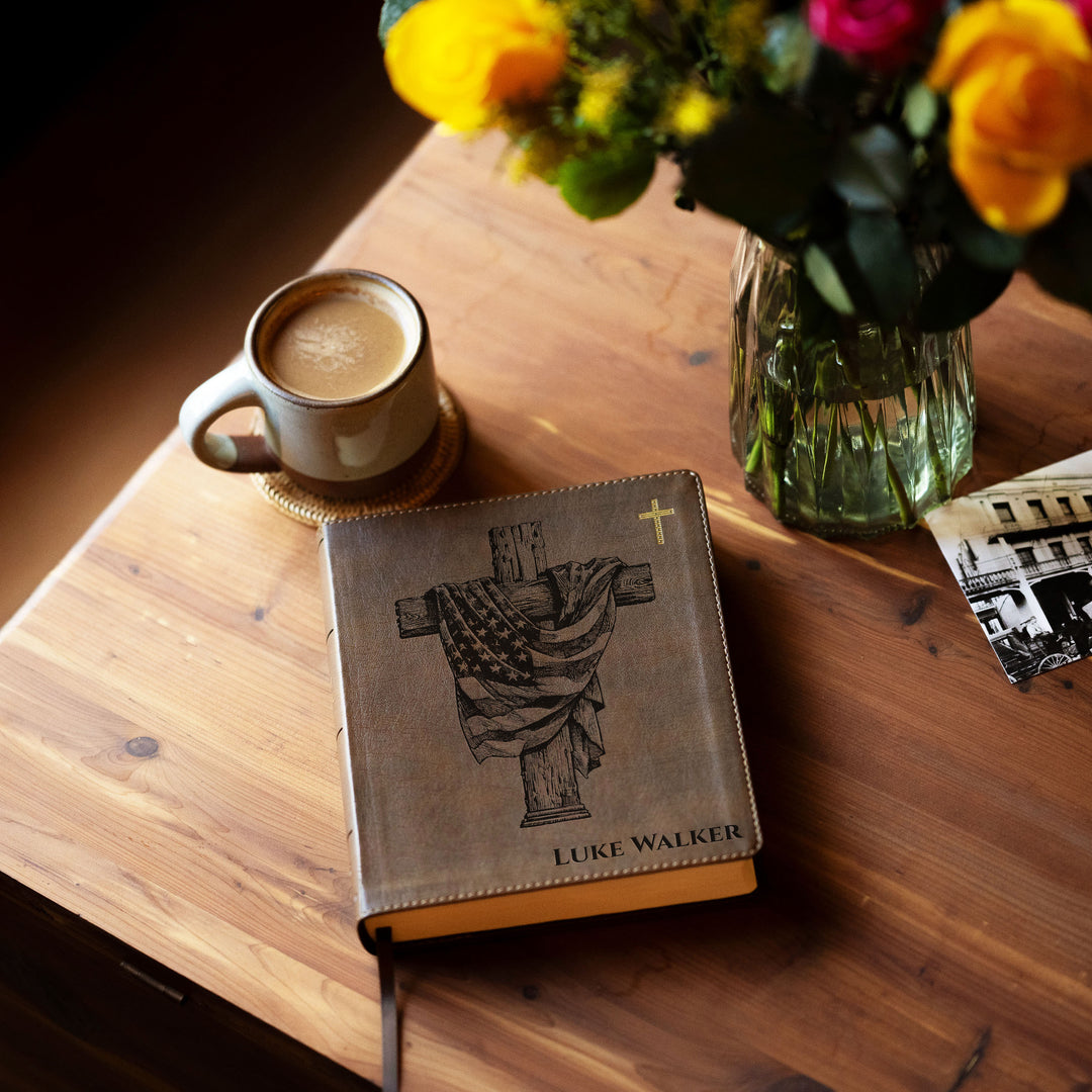 Personalized NIV Journal the Word Bible – Double Column Brown | American Flag Wood Cross