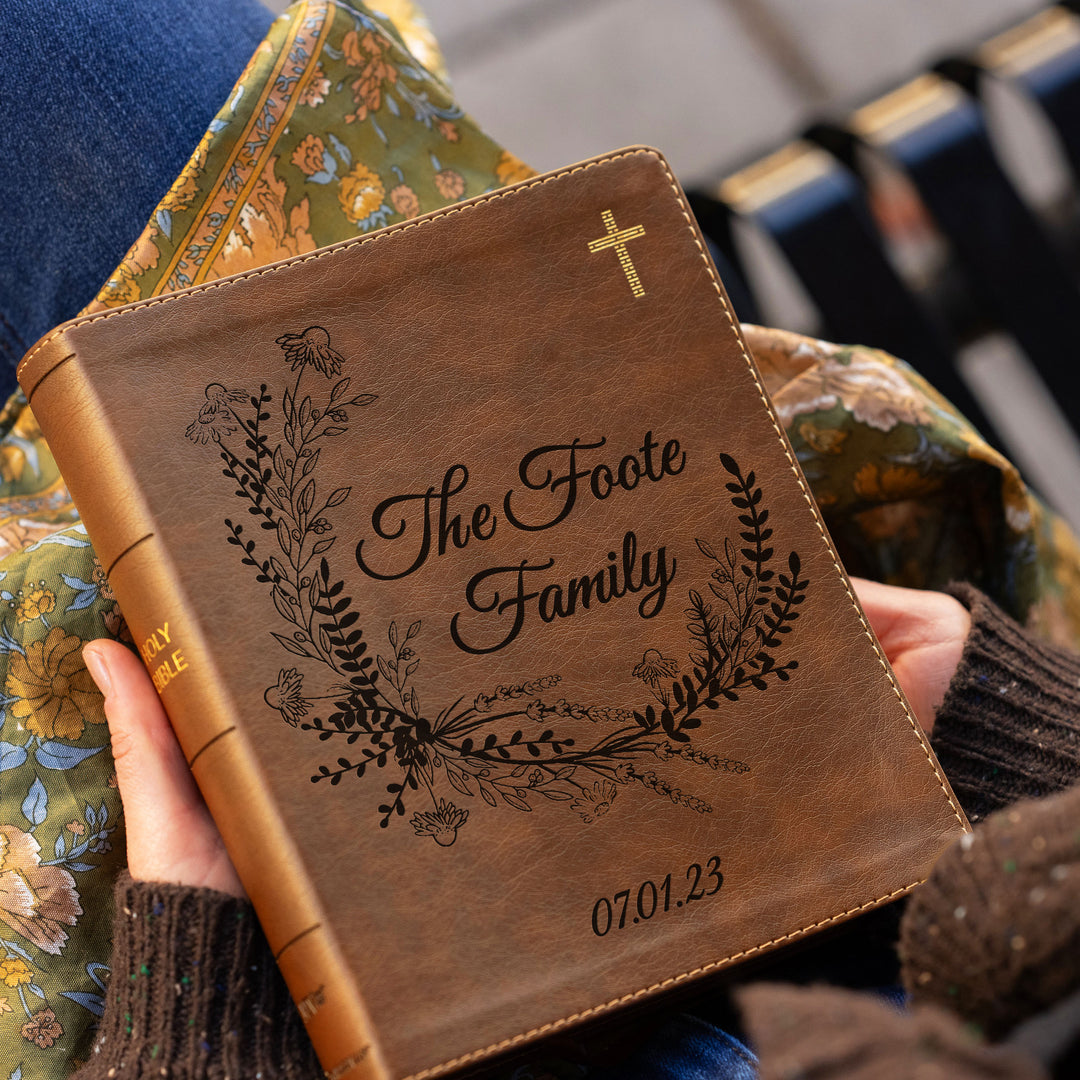 Personalized NIV Journal the Word Bible – Double Column Brown | Wreath Family Name