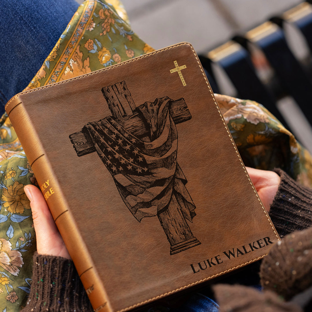 Personalized NIV Journal the Word Bible – Double Column Brown | American Flag Wood Cross
