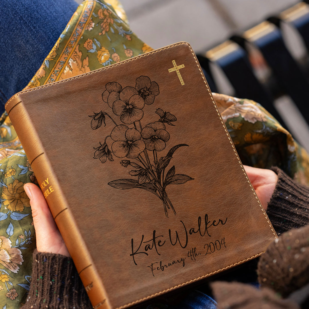 Personalized NIV Journal the Word Bible – Double Column Brown | February Birth Flower