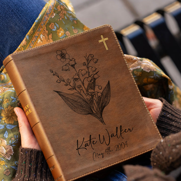 Personalized NIV Journal the Word Bible – Double Column Brown | May Birth Flower