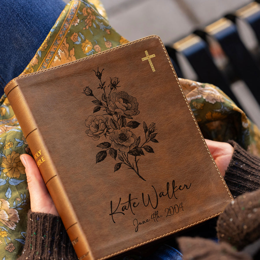 Personalized NIV Journal the Word Bible – Double Column Brown | June Birth Flower.