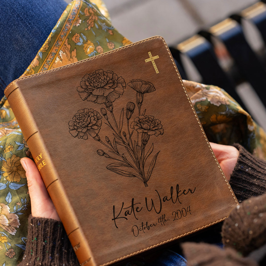 Personalized NIV Journal the Word Bible – Double Column Brown | October Birth Flower