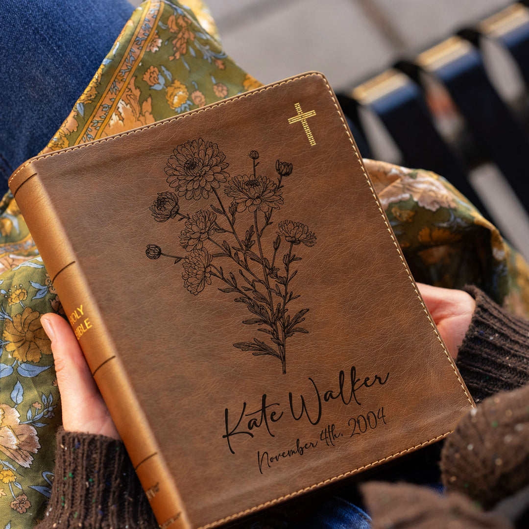 Personalized NIV Journal the Word Bible – Double Column Brown | November Birth Flower