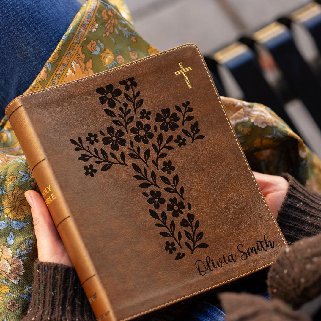 Personalized NIV Journal the Word Bible – Double Column Brown | Simple Flower Cross