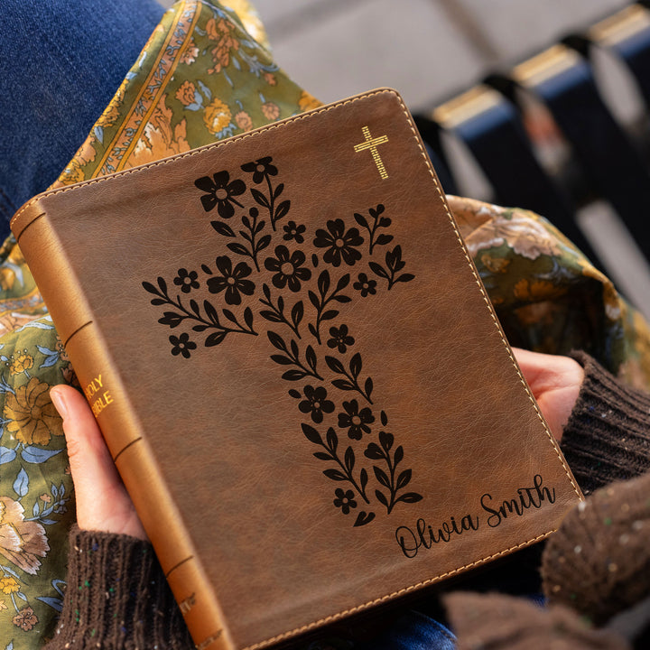 Personalized NIV Journal the Word Bible – Double Column Brown | Simple Flower Cross