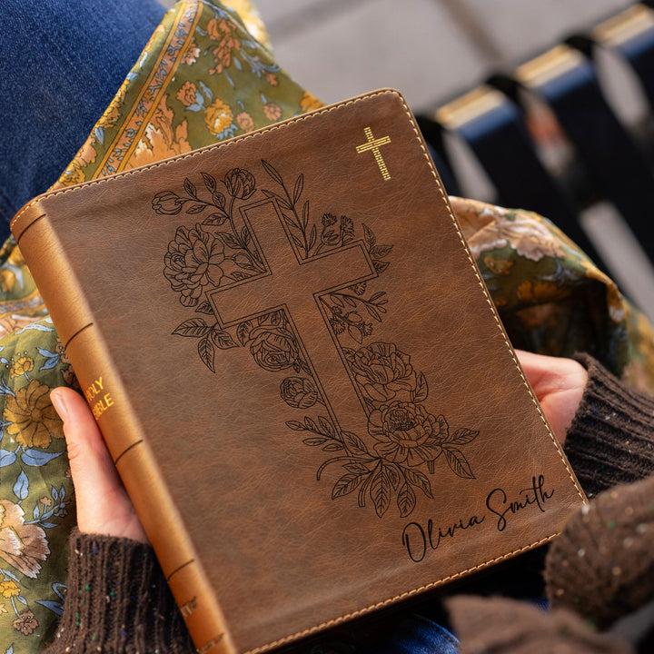 Personalized NIV Journal the Word Bible – Double Column Brown | Floral Cross