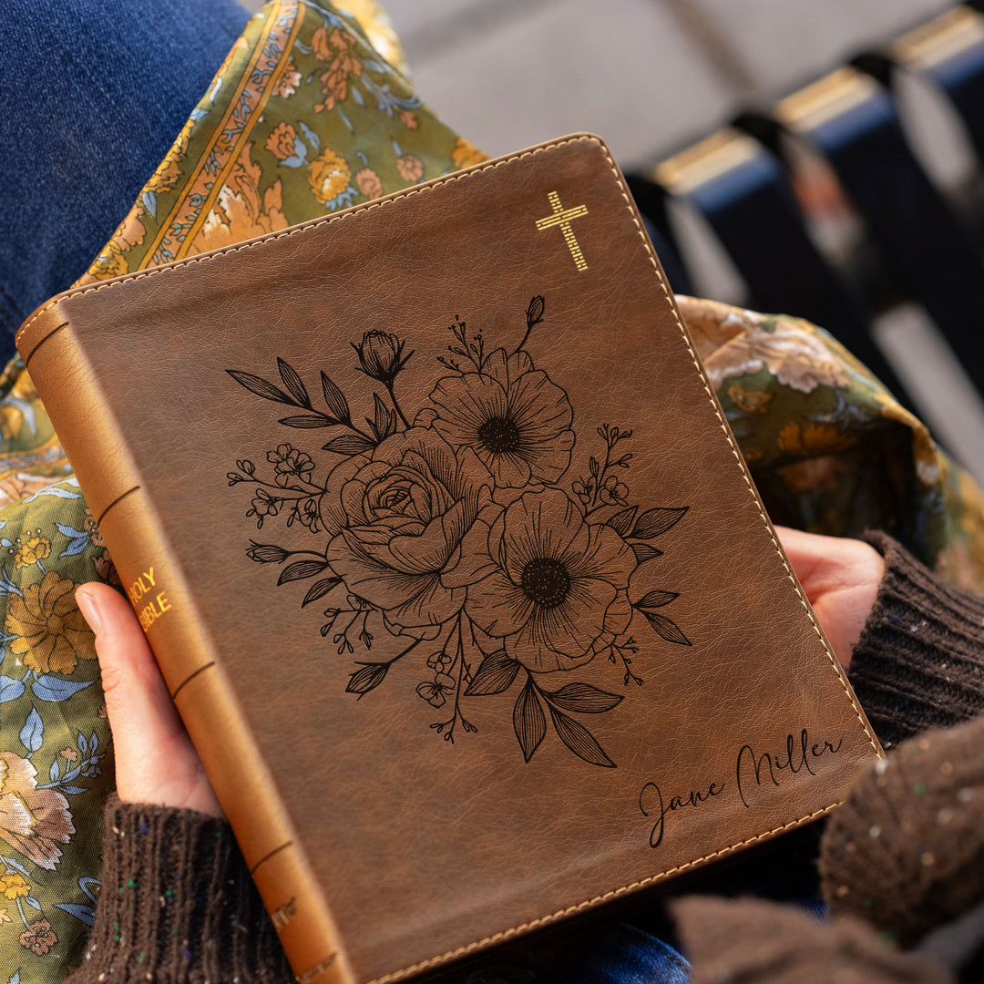 Personalized NIV Journal the Word Bible – Double Column Brown | Rose Poppy Flower Bunch