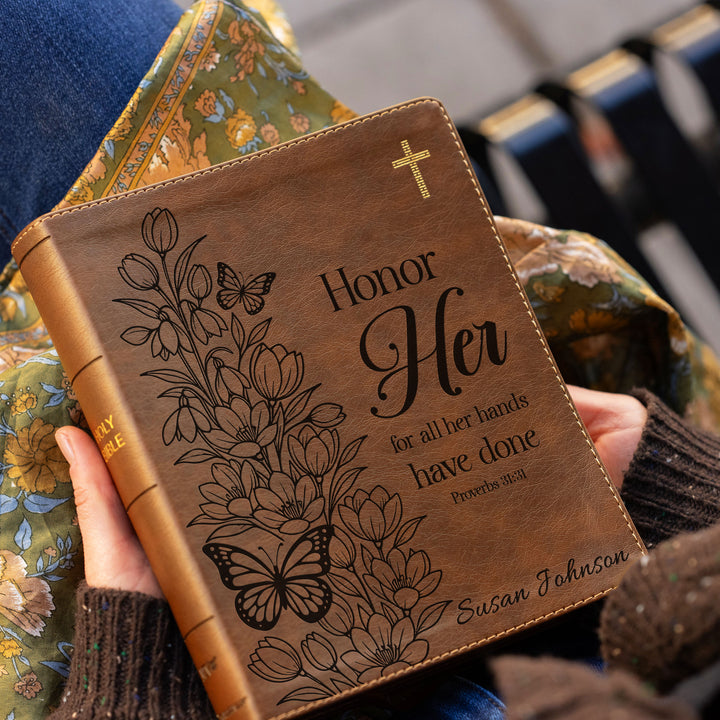 Personalized NIV Journal the Word Bible – Double Column Brown | Tulips Butterfly Honor Her