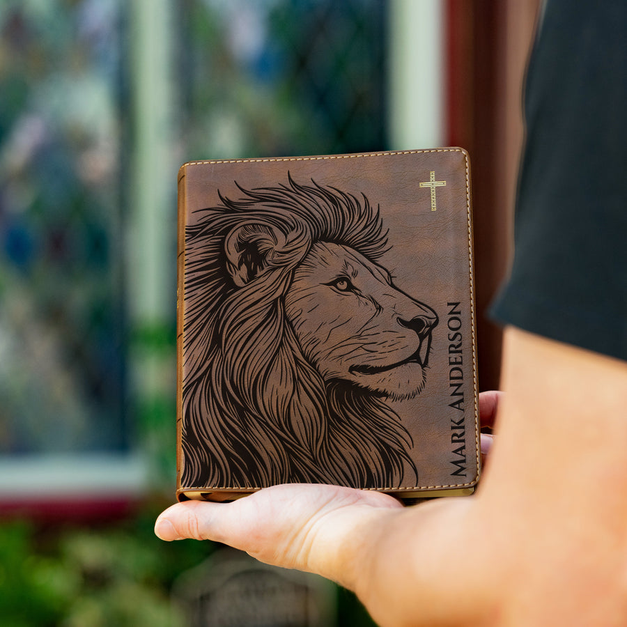 Personalized NIV Journal the Word Bible – Double Column Brown | Lion Side Profile.