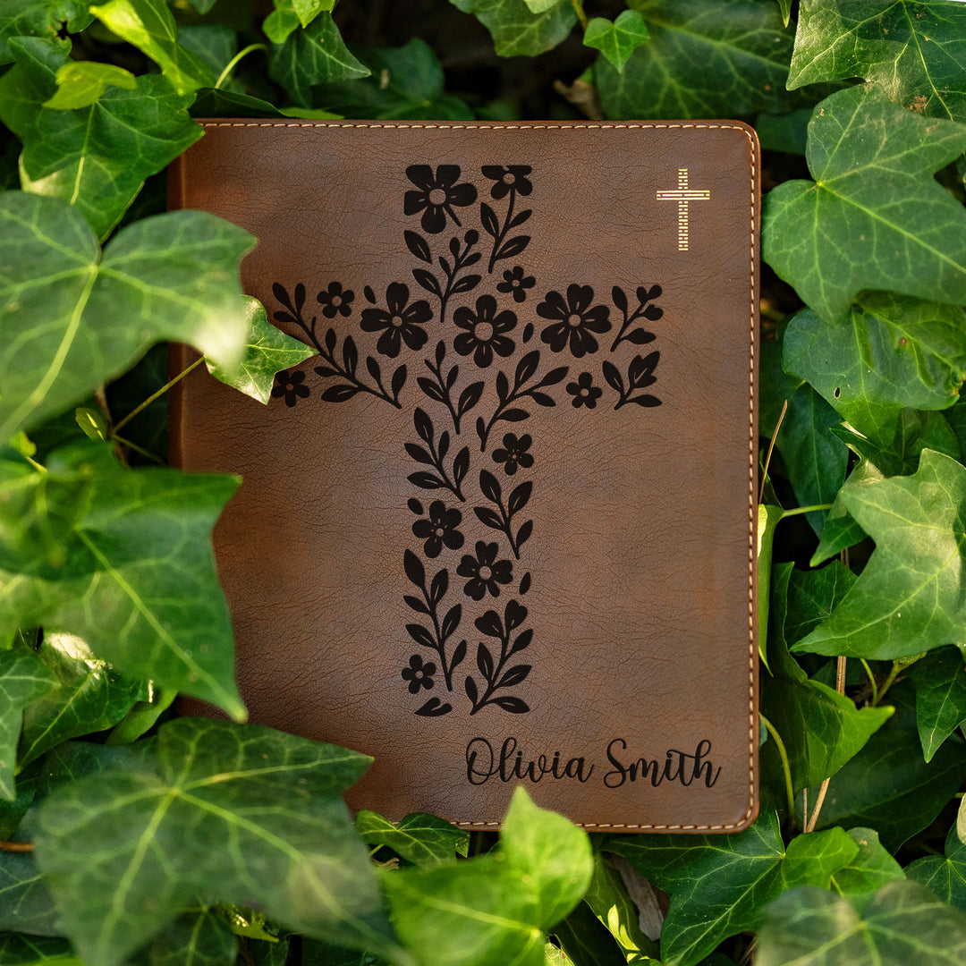 Personalized NIV Journal the Word Bible – Double Column Brown | Simple Flower Cross