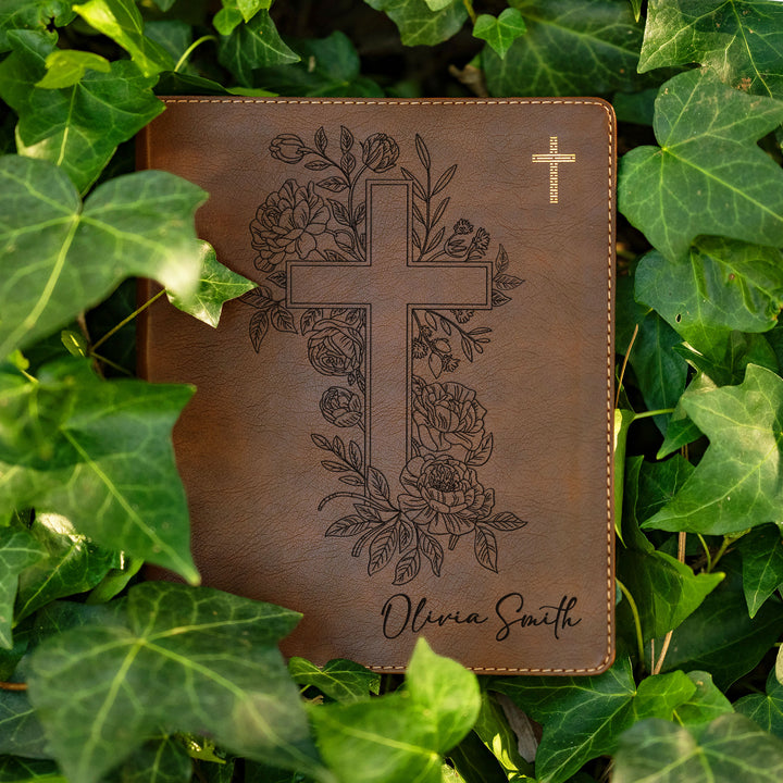 Personalized NIV Journal the Word Bible – Double Column Brown | Floral Cross