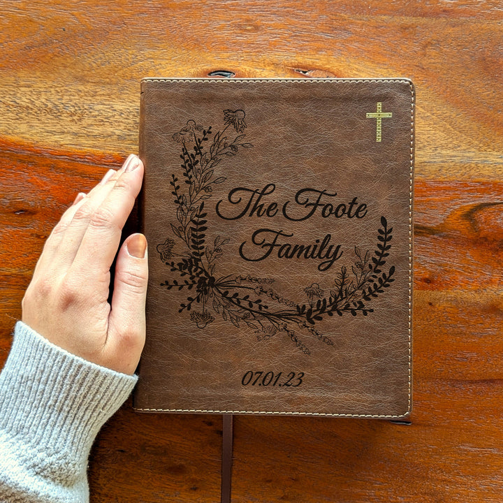 Personalized NIV Journal the Word Bible – Double Column Brown | Wreath Family Name