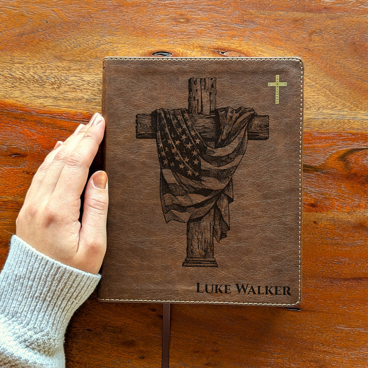 Personalized NIV Journal the Word Bible – Double Column Brown | American Flag Wood Cross