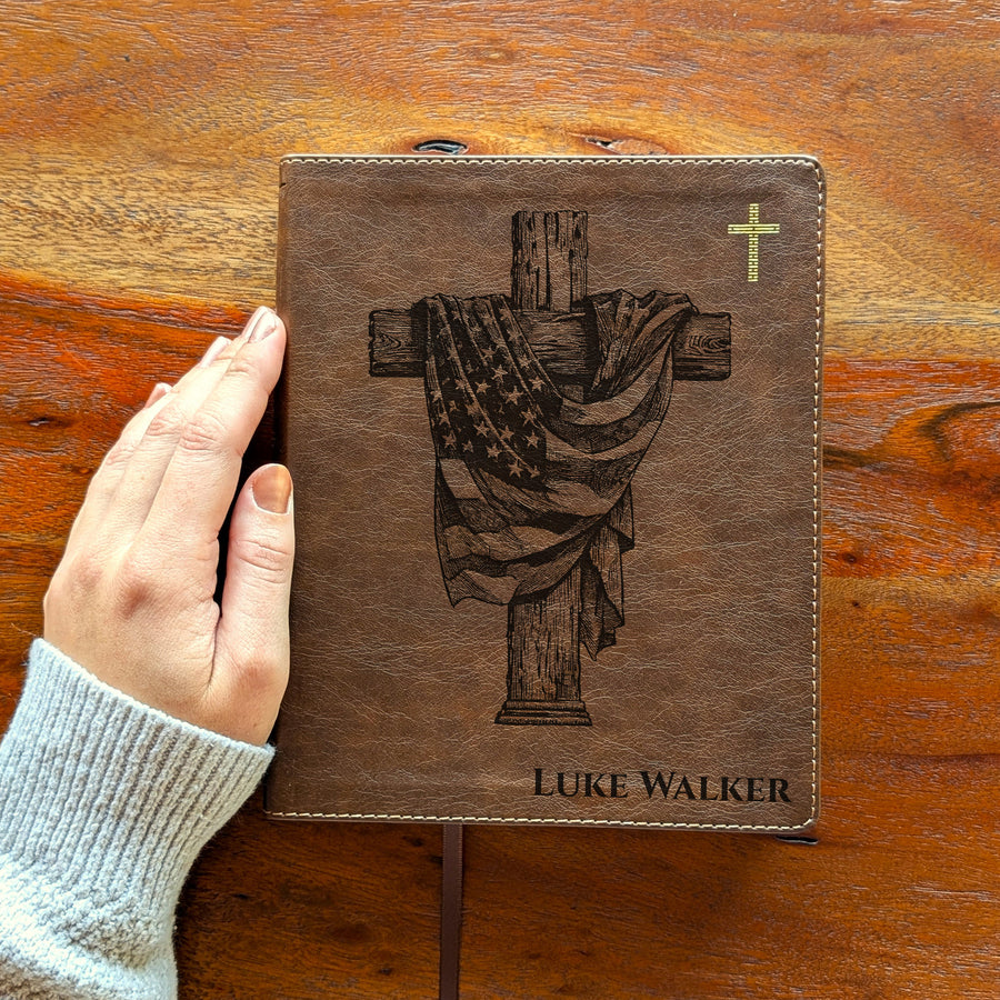 Personalized NIV Journal the Word Bible – Double Column Brown | American Flag Wood Cross.